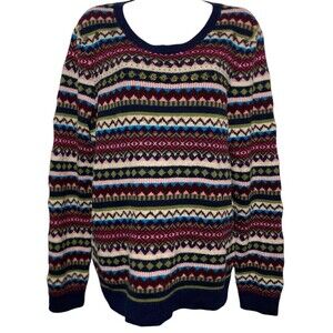 Talbots Sweater Women Size L Multicolor Nordic Striped Embellished Wool Blend